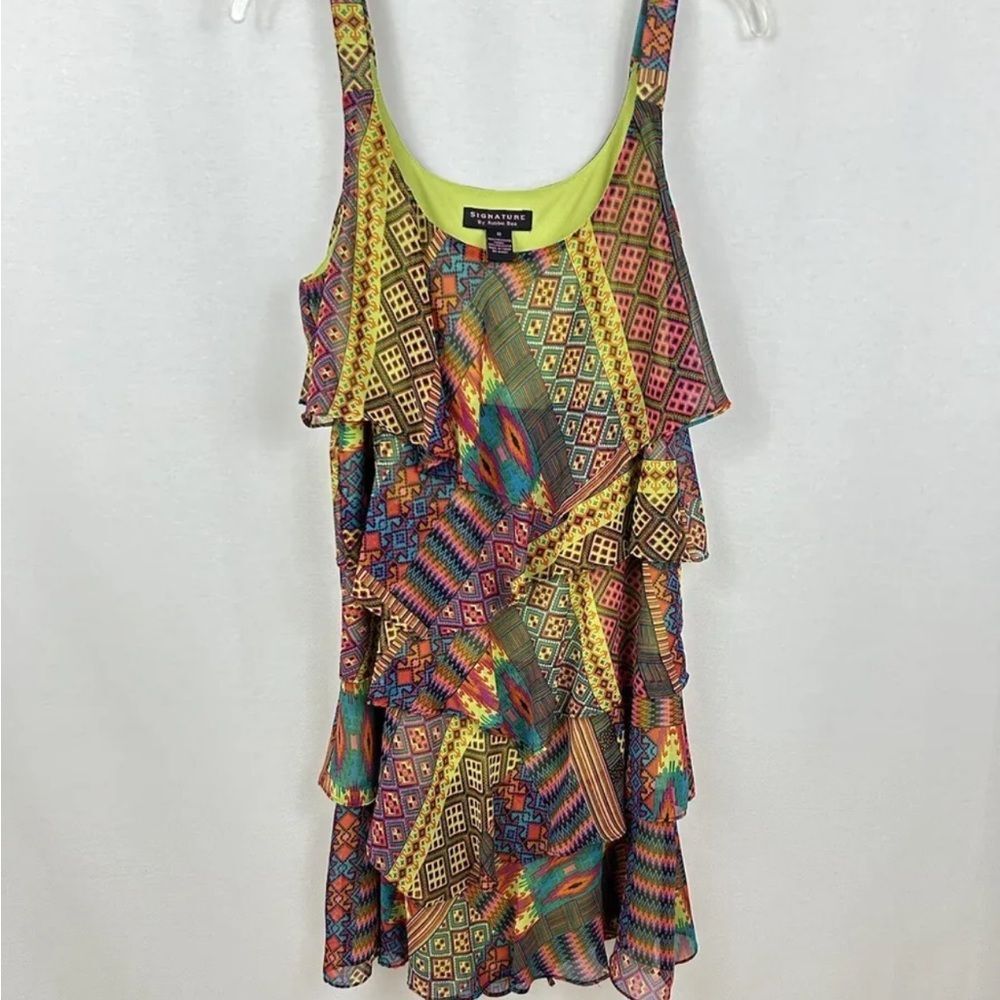 Signature by Robbie Bee colorful rainbow boho sleeveless ruffle dress size 10